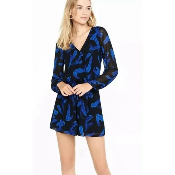 Express Black with Blue Feathers Romper Size XS - Picture 1 of 9